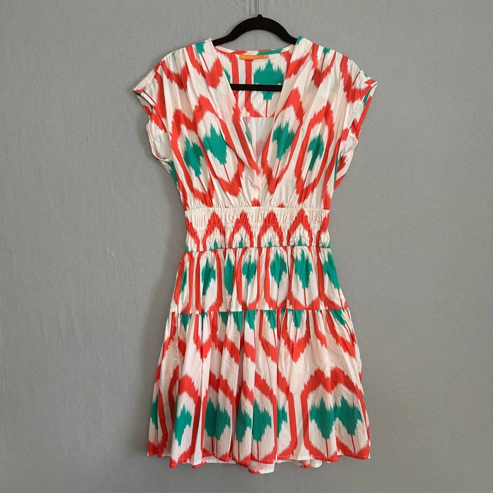 Oliphant Womens XS Ikat Print Cotton Mini Dress Red Green V-Neck Smocked Waist